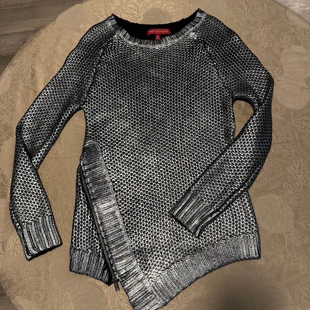SAKS FIFTH AVENUE Sweater. Soft inside, metallic silver exterior & black. Size s
